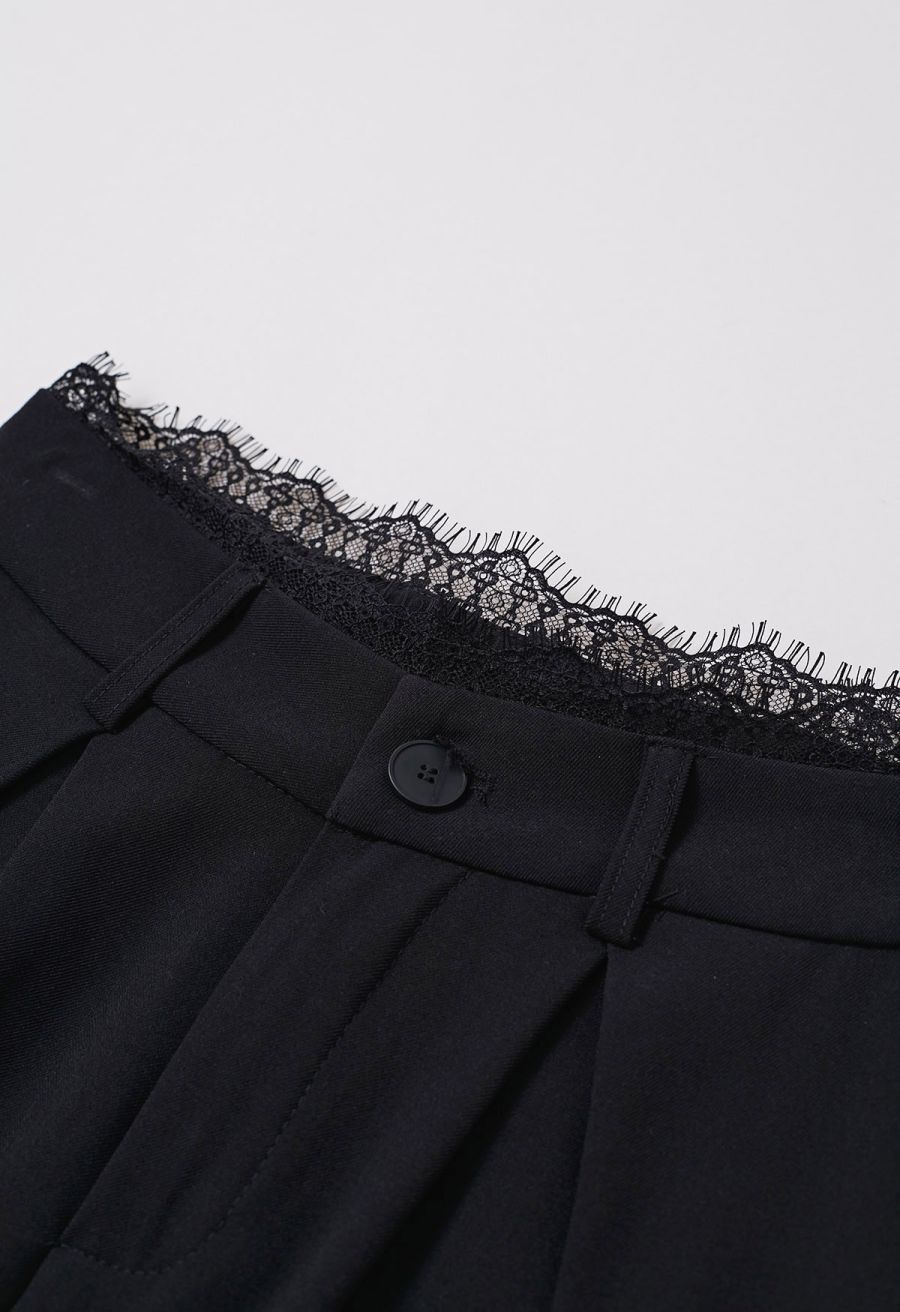 Lacy Waist Side Pocket Wide-Leg Pants in Black