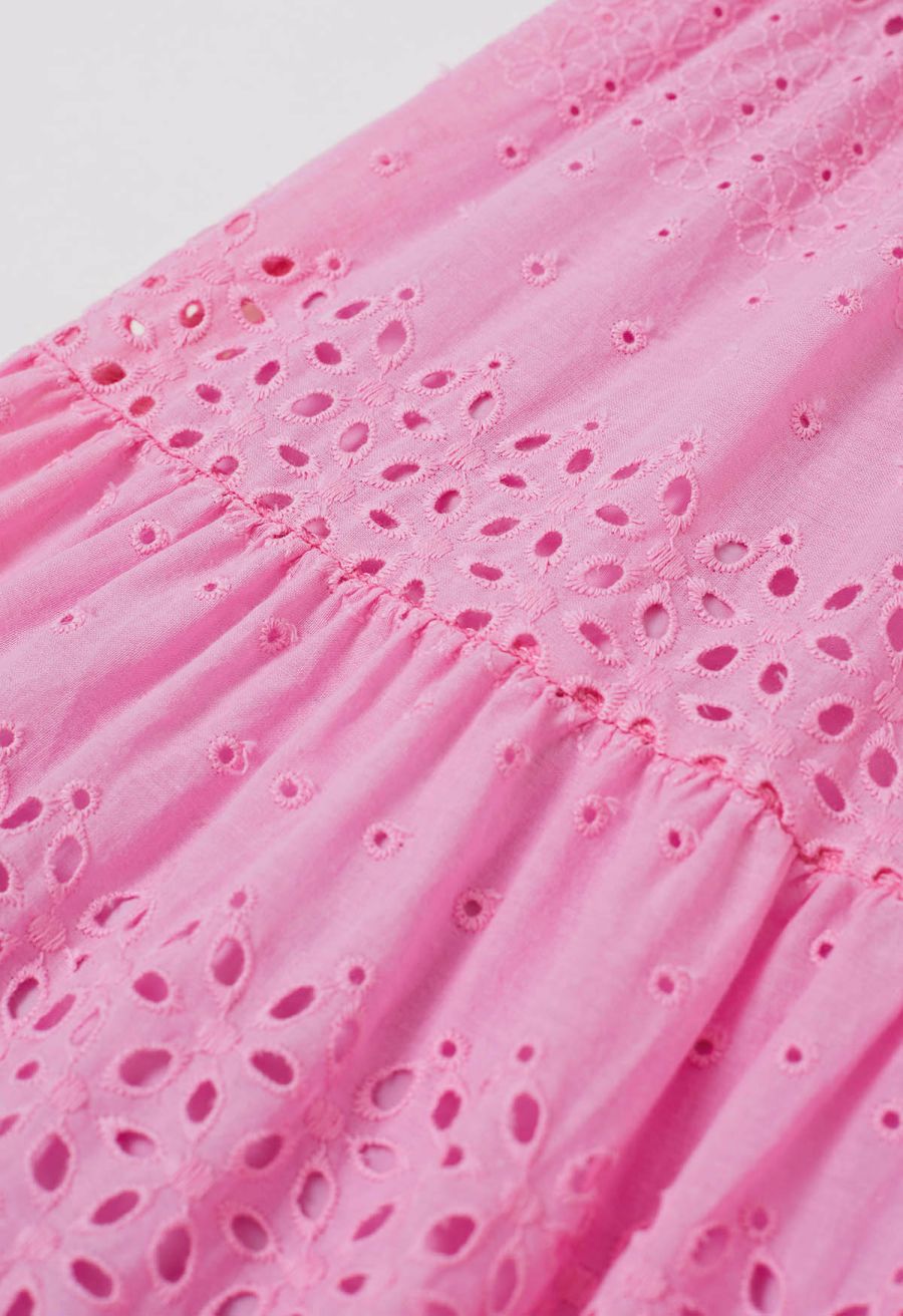 Floret Embroidered Eyelet Cotton Midi Skirt in Hot Pink