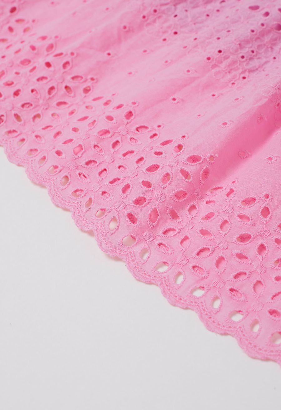 Floret Embroidered Eyelet Cotton Midi Skirt in Hot Pink