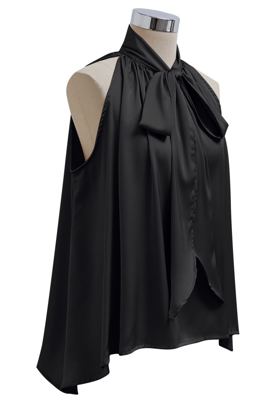 Self-Tie Bowknot Asymmetric Sleeveless Satin Top in Black