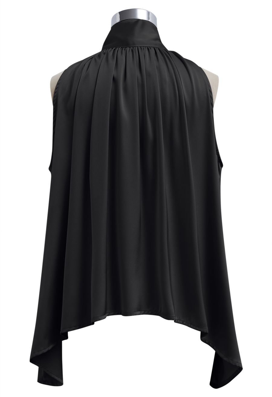 Self-Tie Bowknot Asymmetric Sleeveless Satin Top in Black