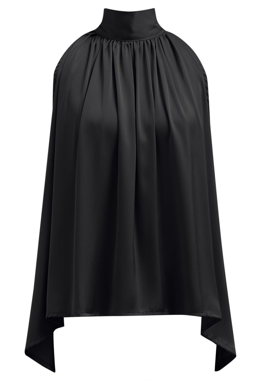 Self-Tie Bowknot Asymmetric Sleeveless Satin Top in Black