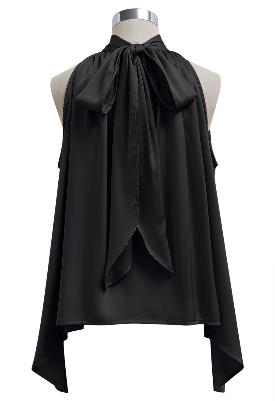 Self-Tie Bowknot Asymmetric Sleeveless Satin Top in Black
