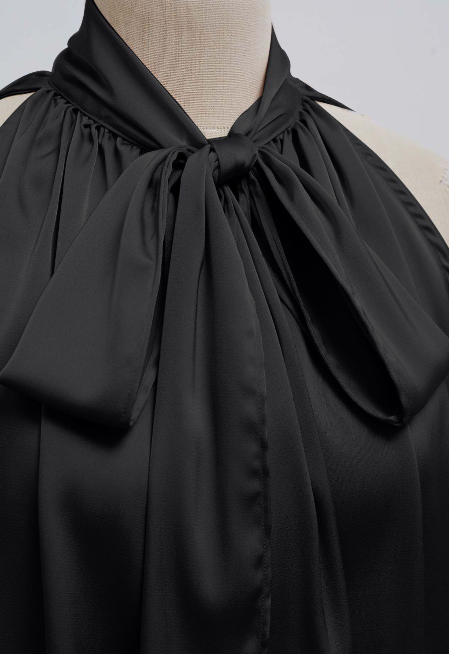 Self-Tie Bowknot Asymmetric Sleeveless Satin Top in Black