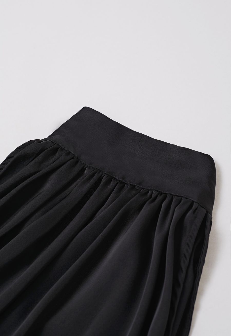 Self-Tie Bowknot Asymmetric Sleeveless Satin Top in Black