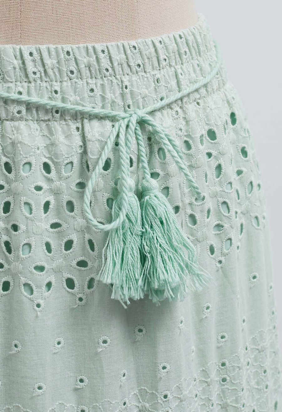 Floret Embroidered Eyelet Cotton Midi Skirt in Pea Green