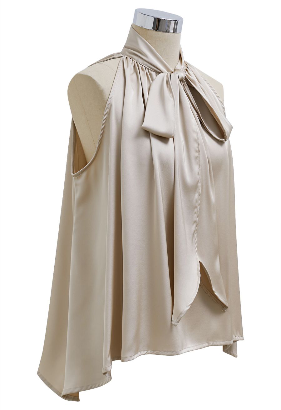 Self-Tie Bowknot Asymmetric Sleeveless Satin Top in Champagne