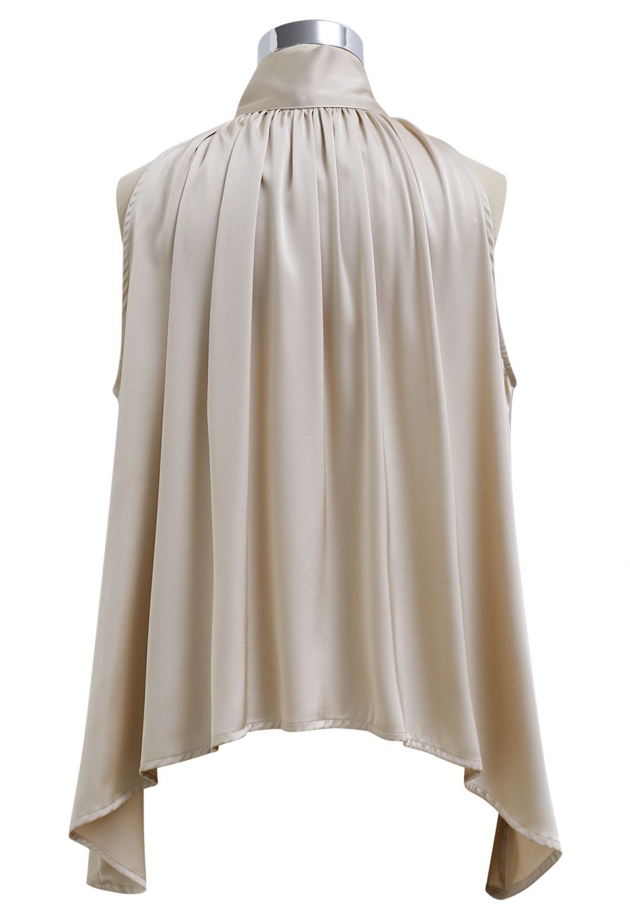 Self-Tie Bowknot Asymmetric Sleeveless Satin Top in Champagne