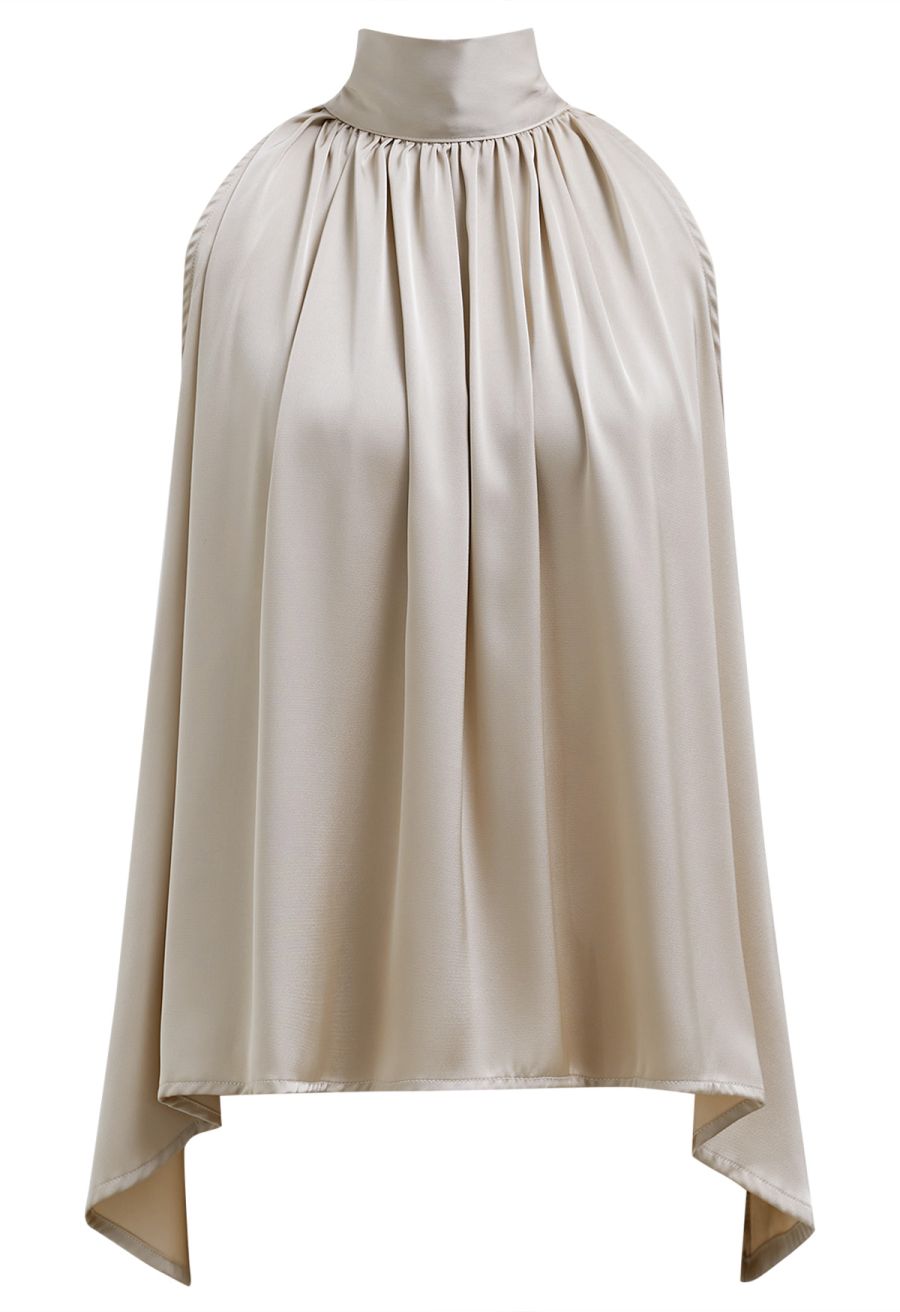 Self-Tie Bowknot Asymmetric Sleeveless Satin Top in Champagne