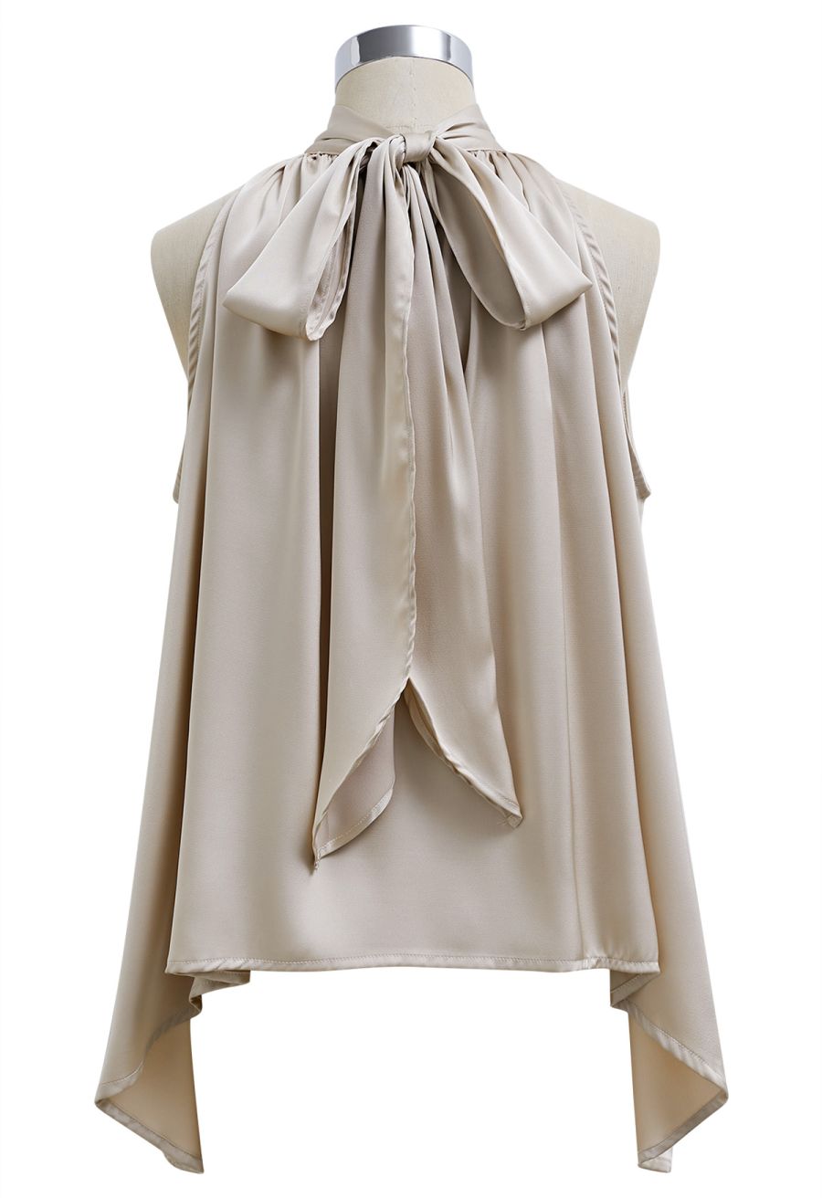 Self-Tie Bowknot Asymmetric Sleeveless Satin Top in Champagne