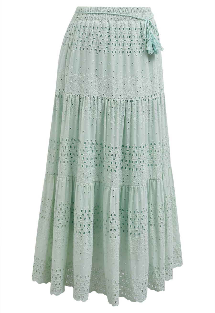 Floret Embroidered Eyelet Cotton Midi Skirt in Pea Green