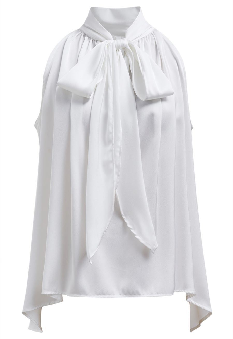 Self-Tie Bowknot Asymmetric Sleeveless Satin Top in White