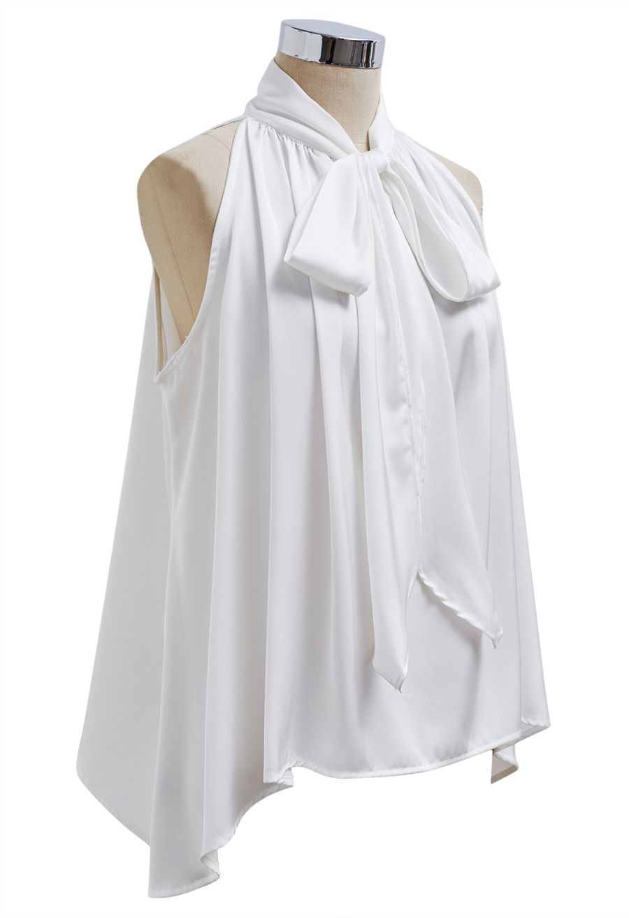 Self-Tie Bowknot Asymmetric Sleeveless Satin Top in White