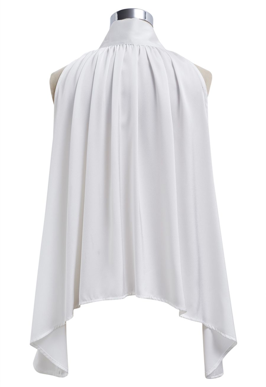 Self-Tie Bowknot Asymmetric Sleeveless Satin Top in White