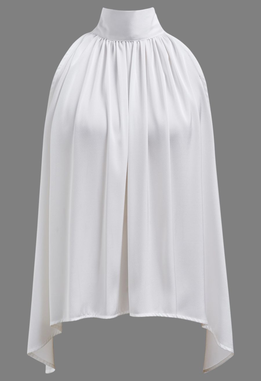 Self-Tie Bowknot Asymmetric Sleeveless Satin Top in White