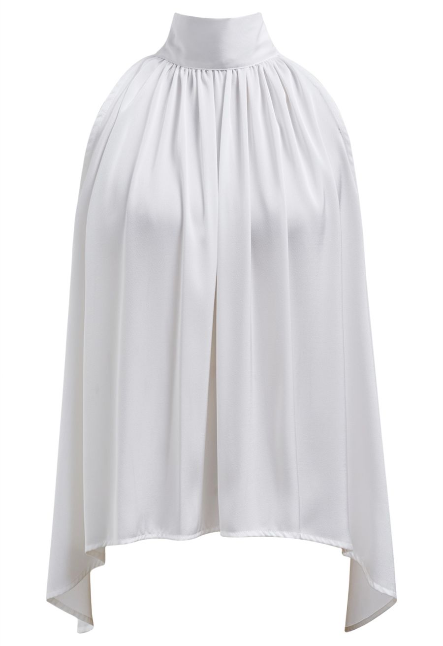 Self-Tie Bowknot Asymmetric Sleeveless Satin Top in White