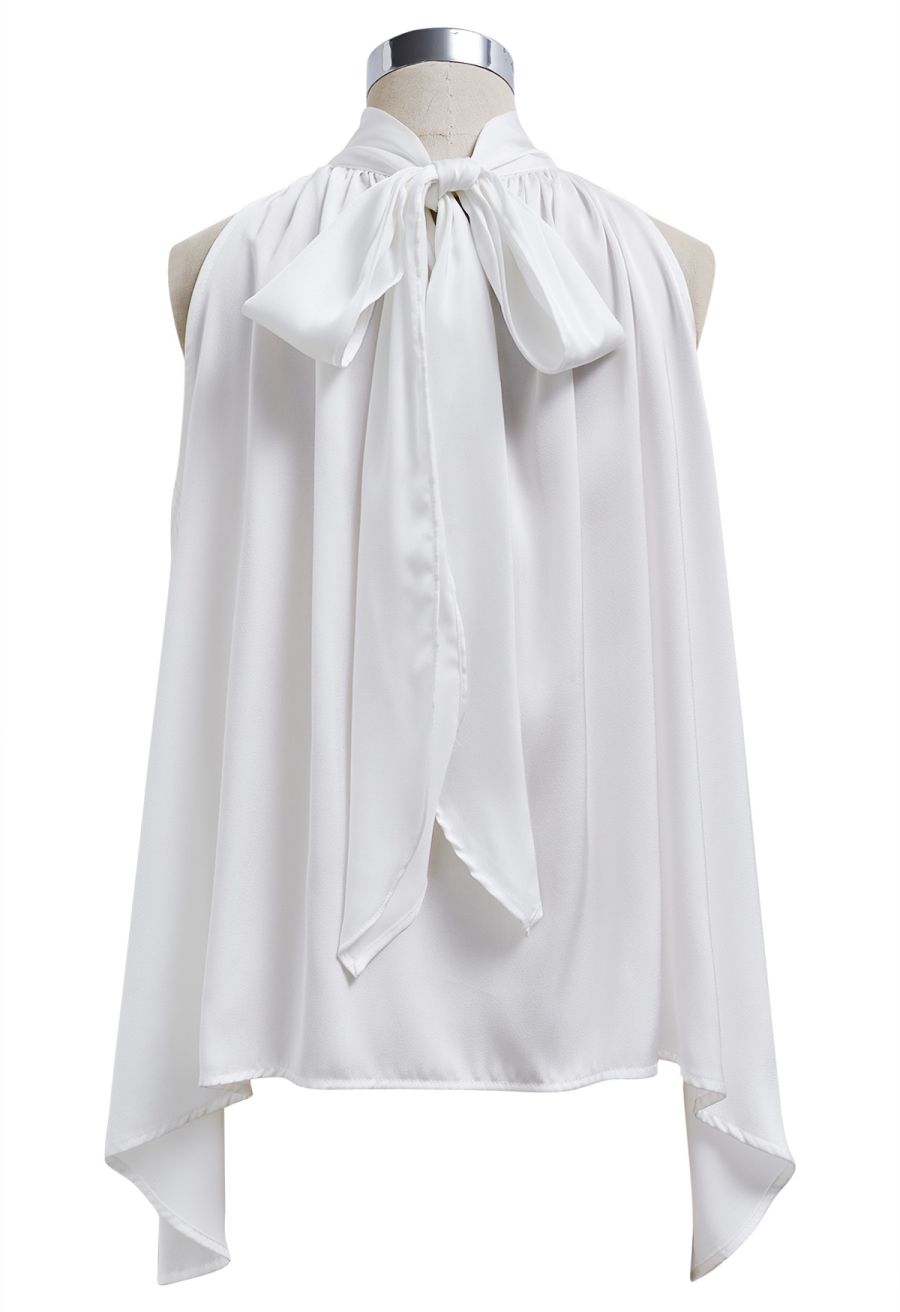 Self-Tie Bowknot Asymmetric Sleeveless Satin Top in White