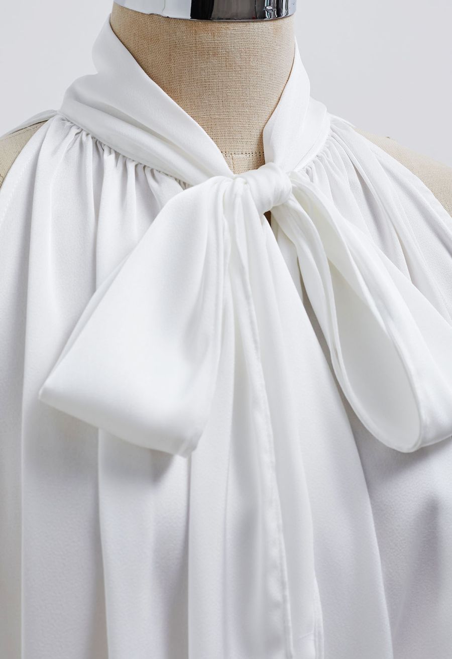 Self-Tie Bowknot Asymmetric Sleeveless Satin Top in White