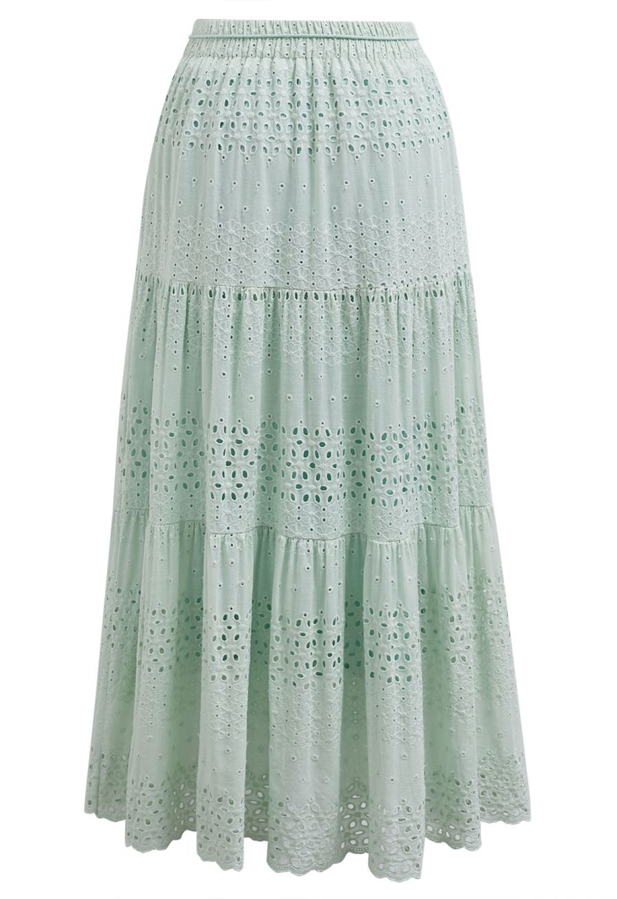 Floret Embroidered Eyelet Cotton Midi Skirt in Pea Green
