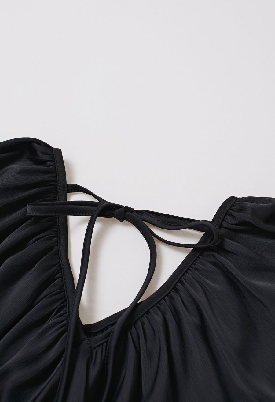 Whimsical Puff Sleeve V-Neck Top in Black