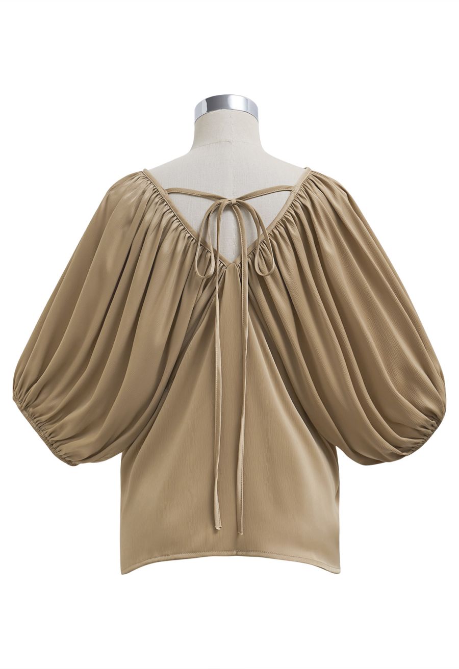 Whimsical Puff Sleeve V-Neck Top in Tan