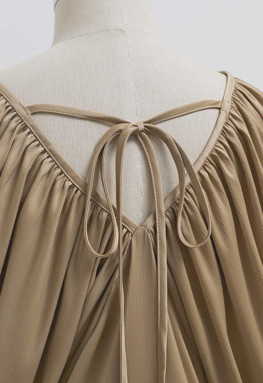 Whimsical Puff Sleeve V-Neck Top in Tan