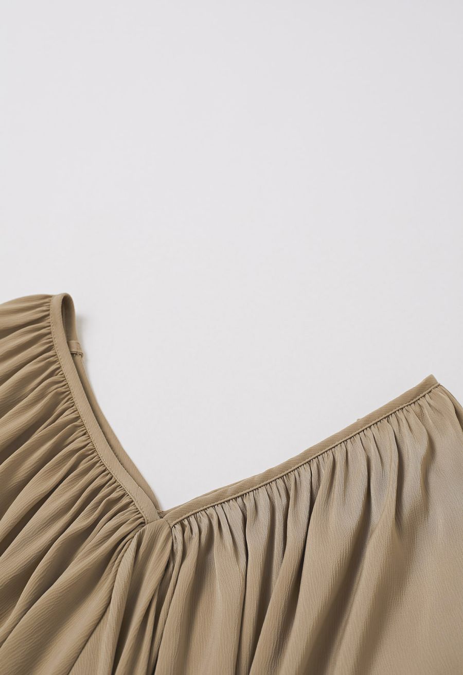 Whimsical Puff Sleeve V-Neck Top in Tan