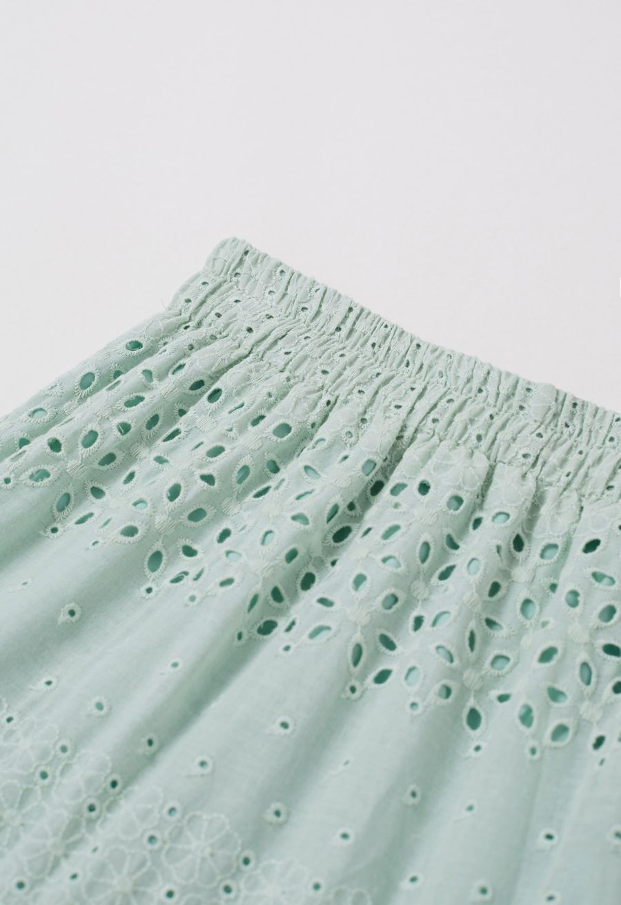 Floret Embroidered Eyelet Cotton Midi Skirt in Pea Green