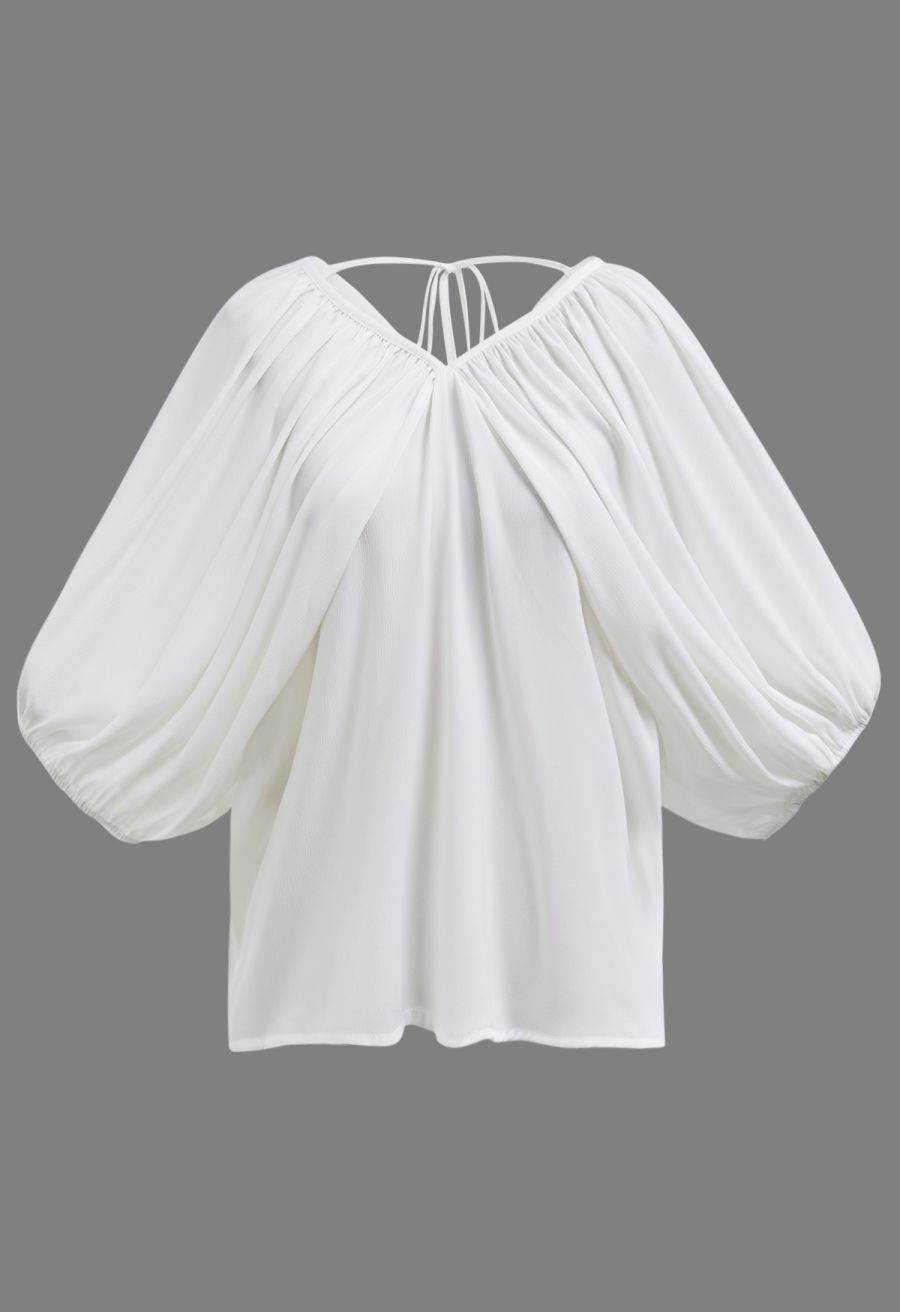 Whimsical Puff Sleeve V-Neck Top in White