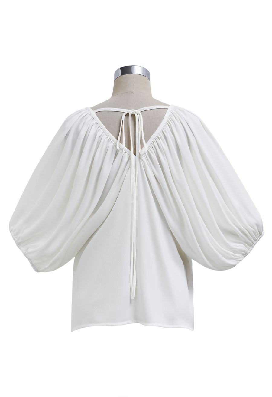 Whimsical Puff Sleeve V-Neck Top in White