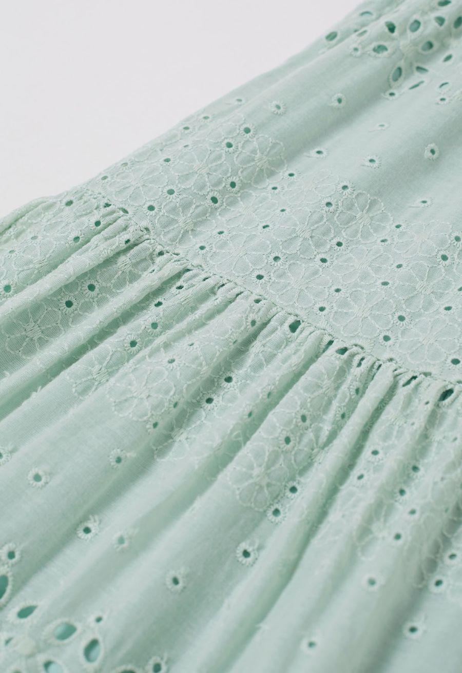 Floret Embroidered Eyelet Cotton Midi Skirt in Pea Green