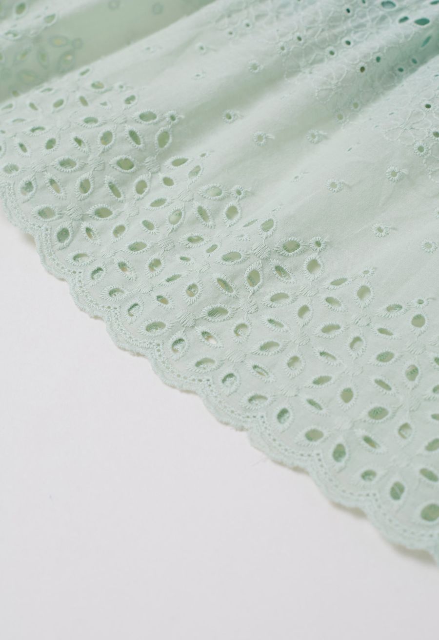 Floret Embroidered Eyelet Cotton Midi Skirt in Pea Green