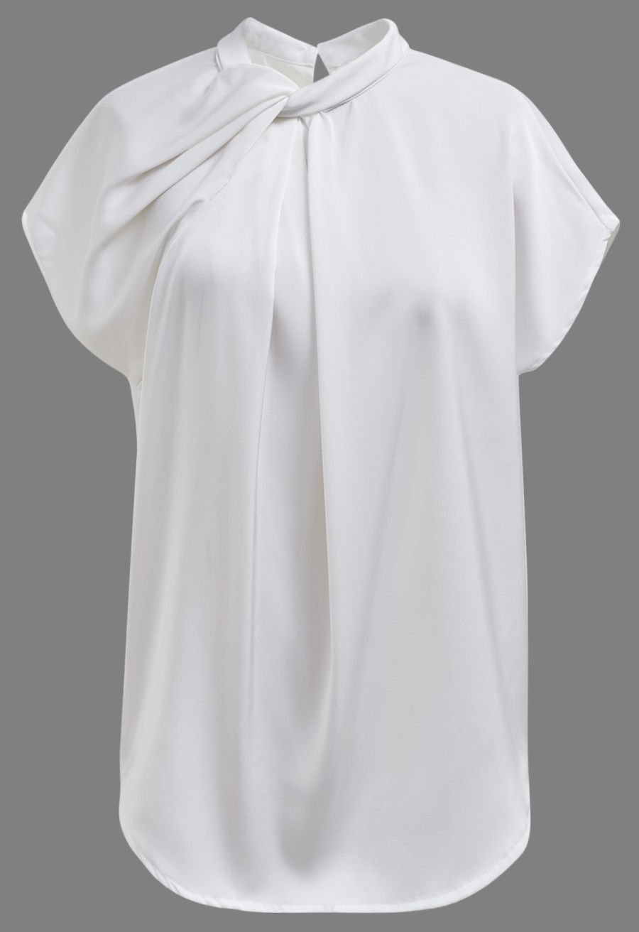 Twist Neckline Batwing Short Sleeve Top in White