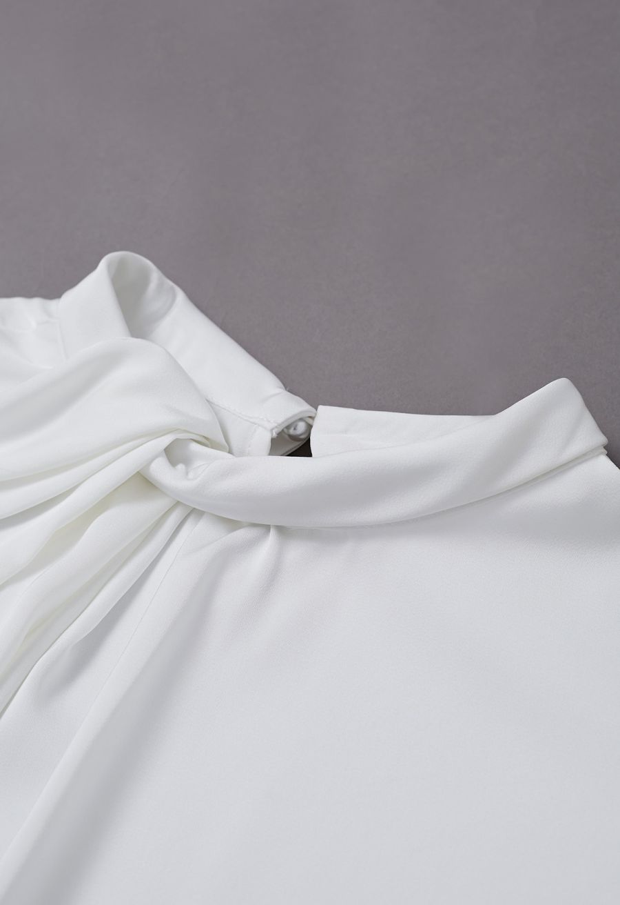 Twist Neckline Batwing Short Sleeve Top in White