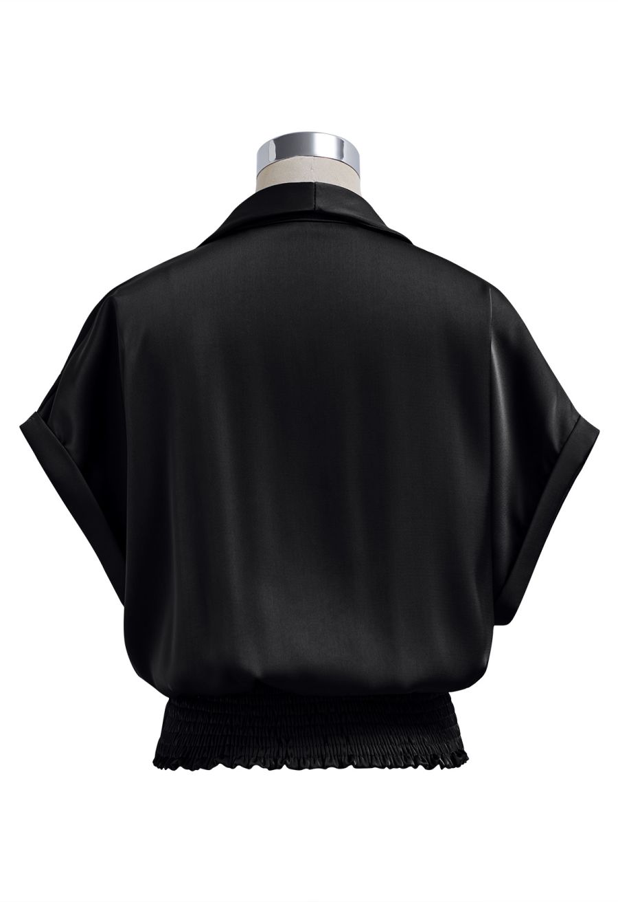 Faux-Wrap Twist Front Shirred Satin Top in Black