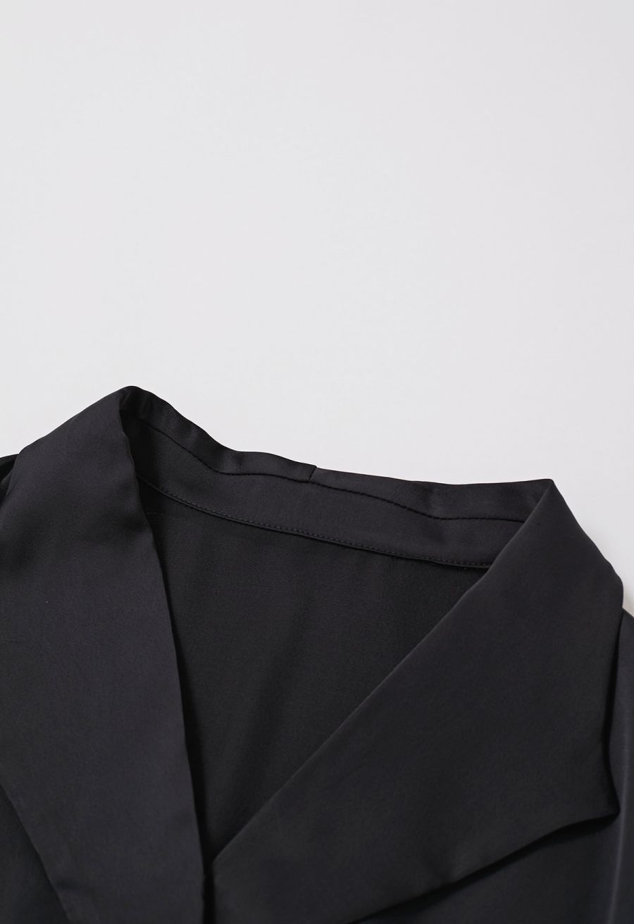 Faux-Wrap Twist Front Shirred Satin Top in Black