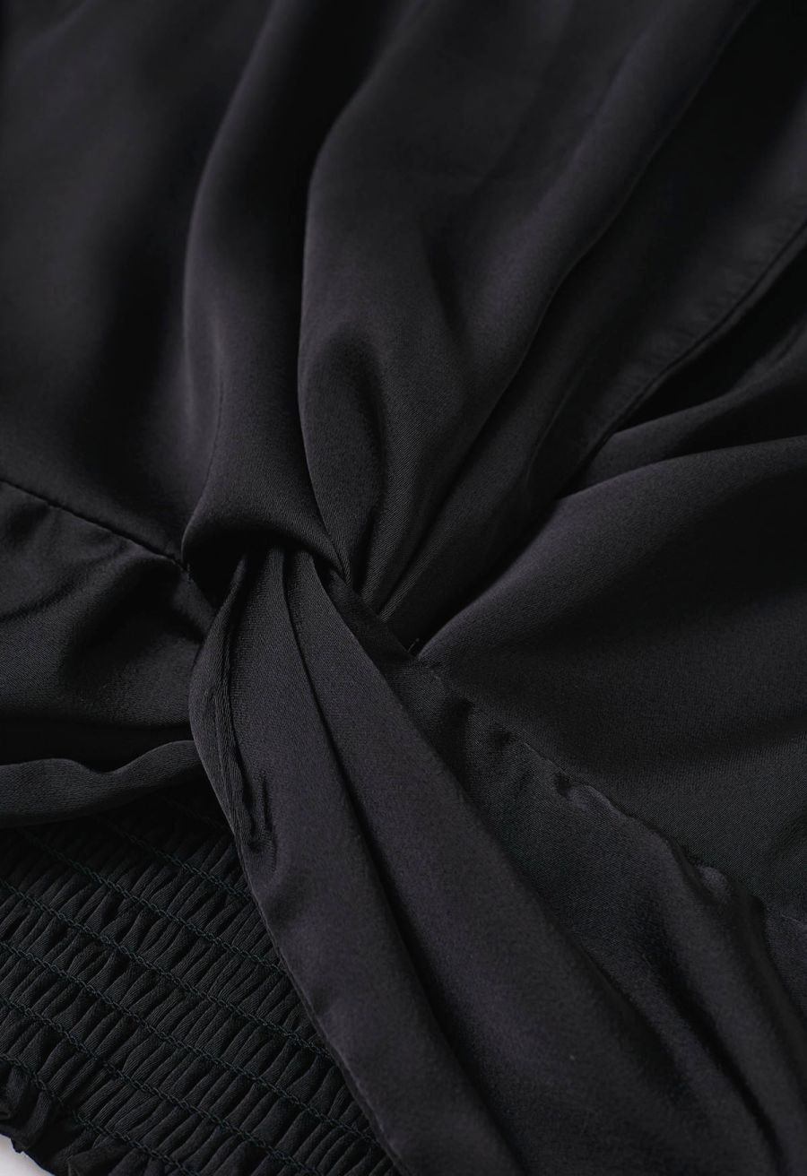 Faux-Wrap Twist Front Shirred Satin Top in Black