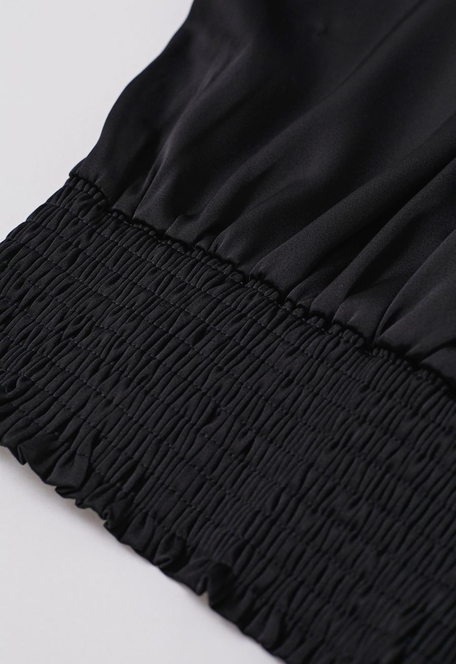Faux-Wrap Twist Front Shirred Satin Top in Black