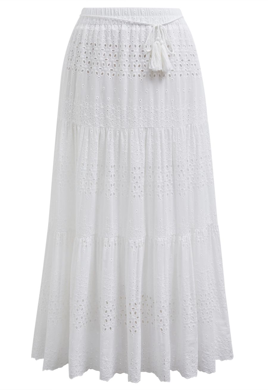 Floret Embroidered Eyelet Cotton Midi Skirt in White