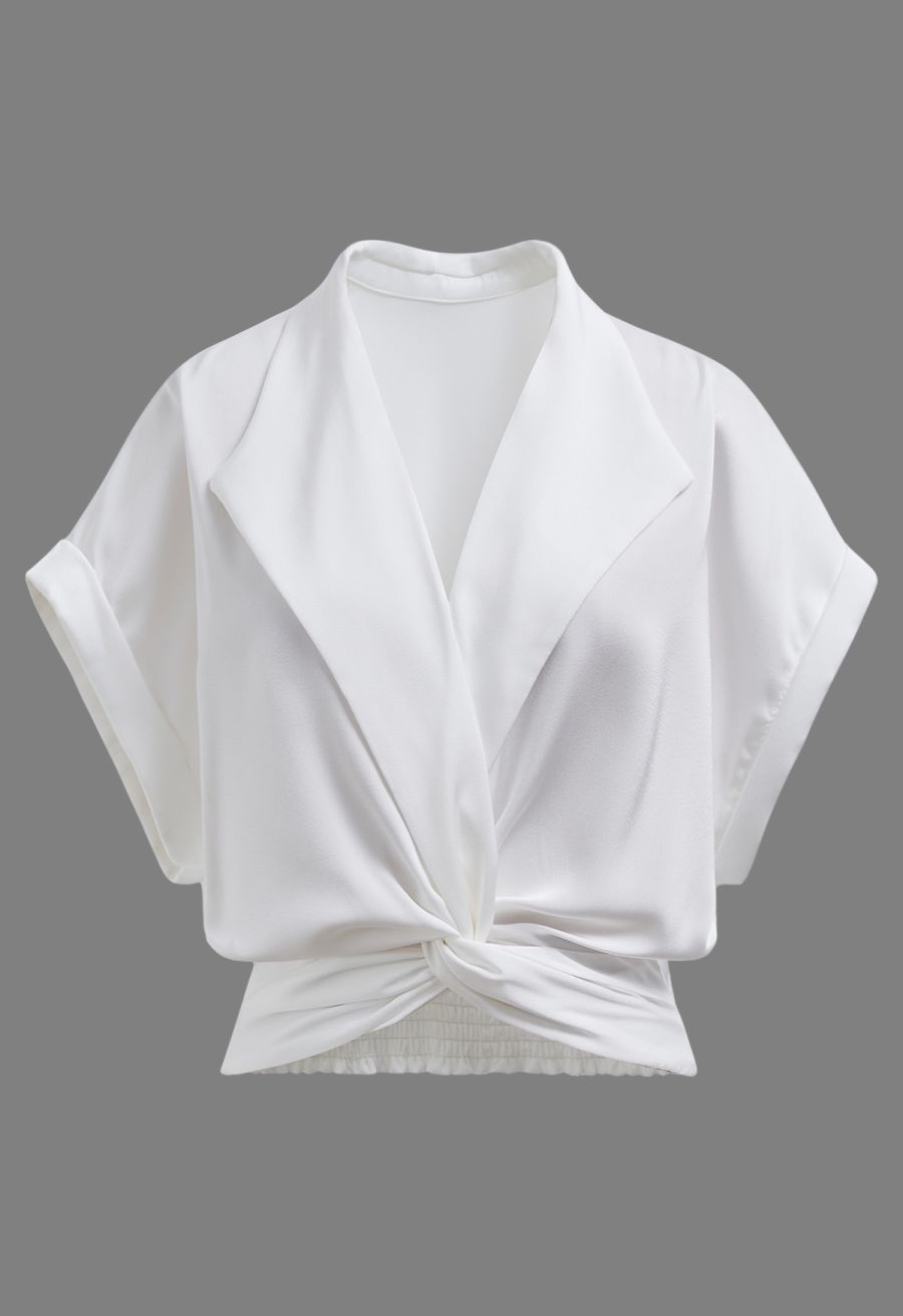 Faux-Wrap Twist Front Shirred Satin Top in White