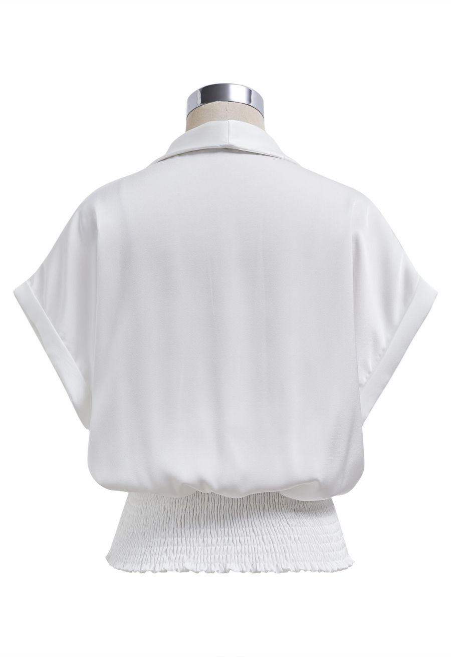 Faux-Wrap Twist Front Shirred Satin Top in White