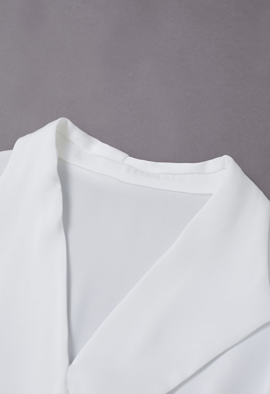 Faux-Wrap Twist Front Shirred Satin Top in White