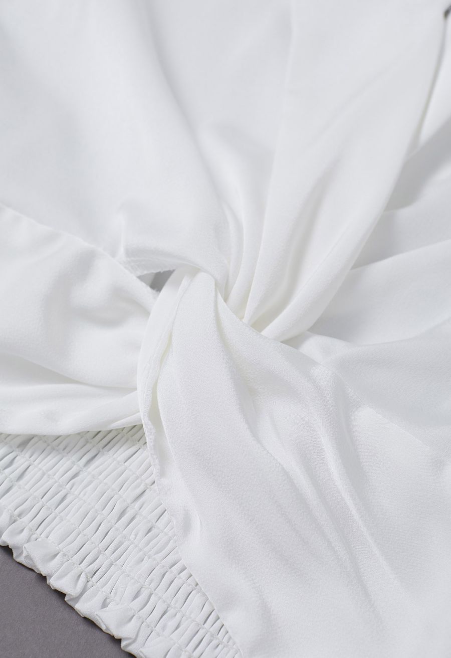 Faux-Wrap Twist Front Shirred Satin Top in White