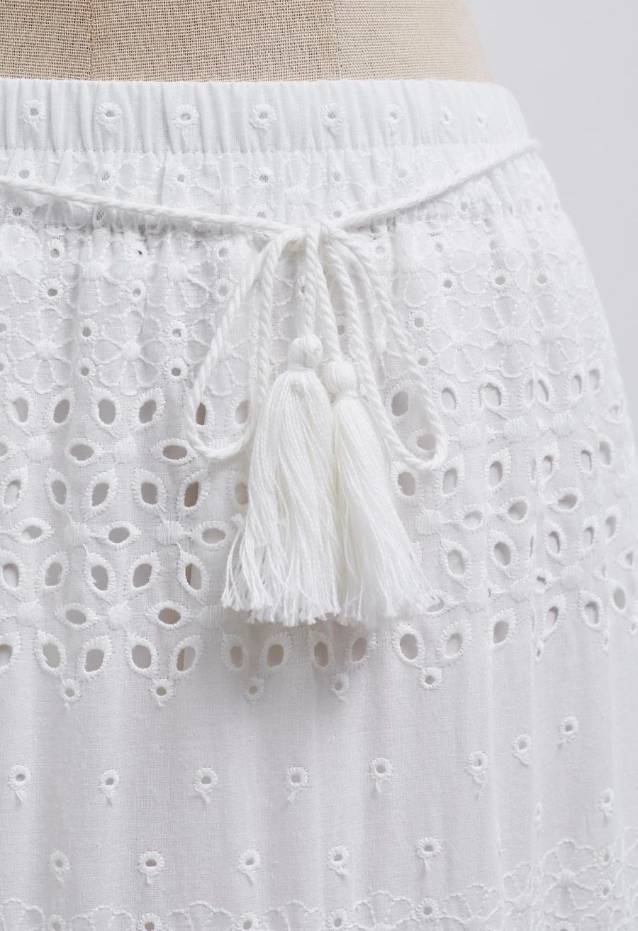 Floret Embroidered Eyelet Cotton Midi Skirt in White