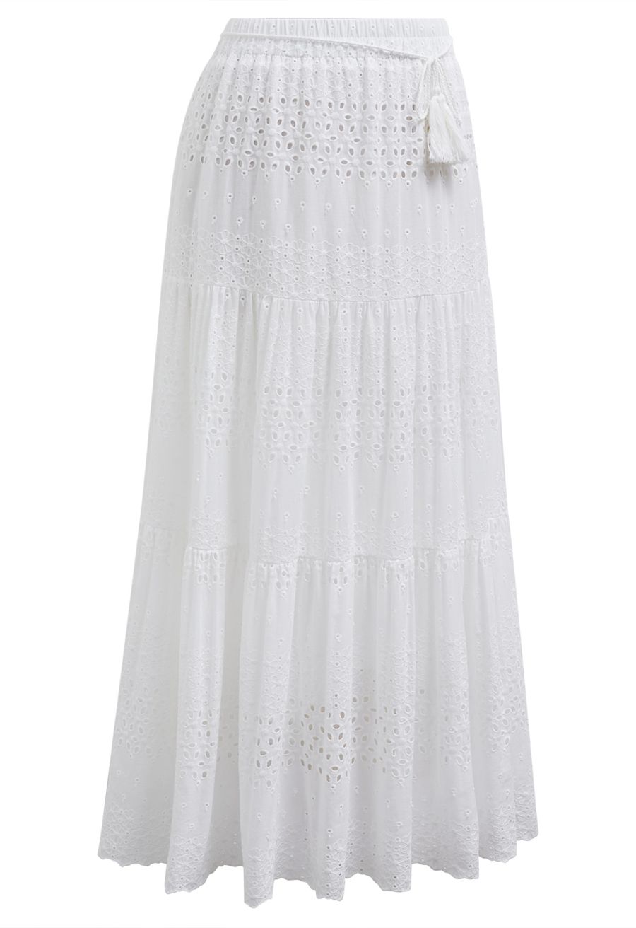 Floret Embroidered Eyelet Cotton Midi Skirt in White