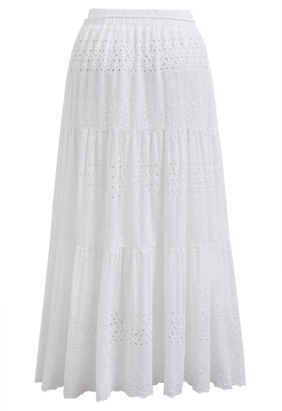 Floret Embroidered Eyelet Cotton Midi Skirt in White