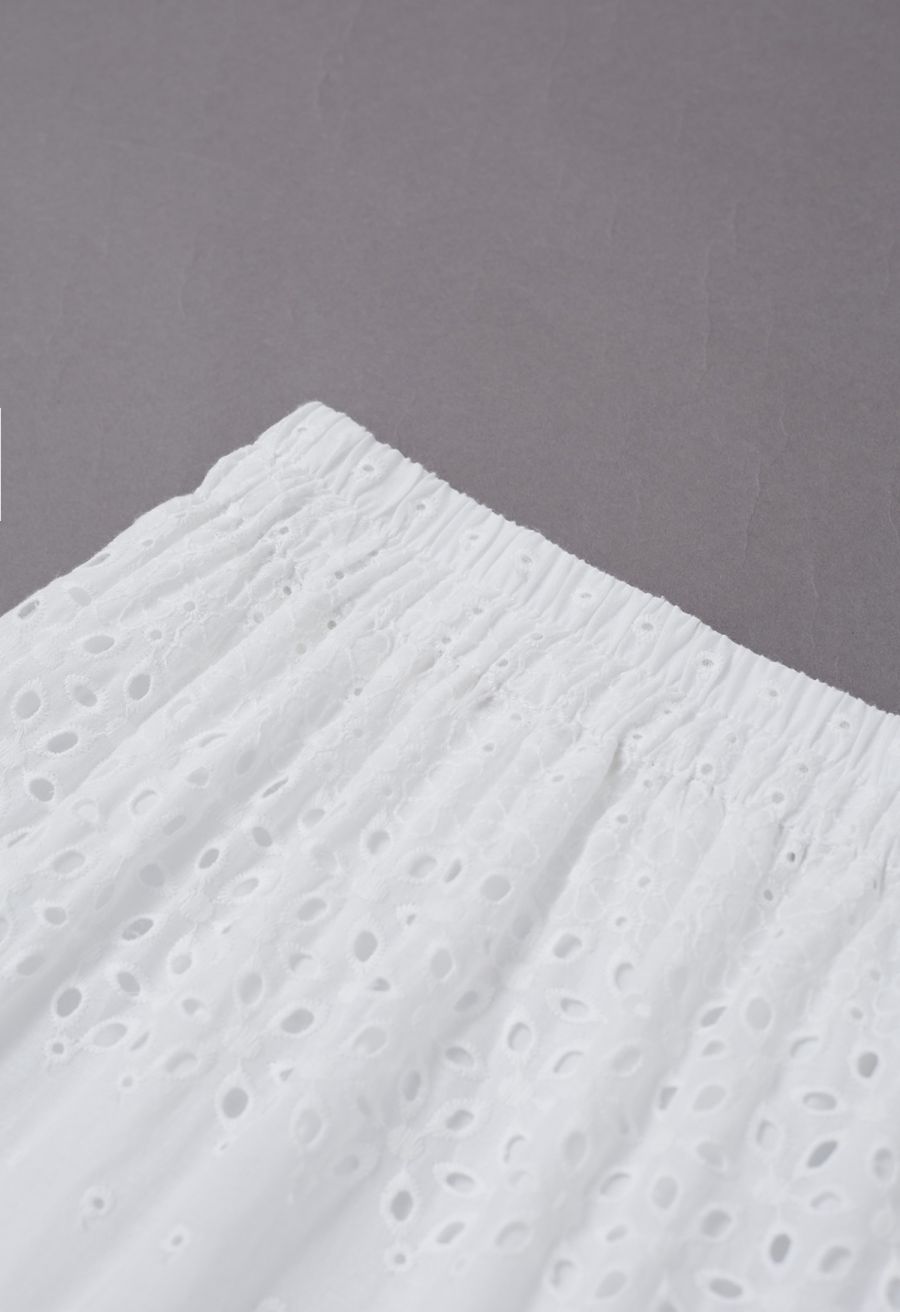 Floret Embroidered Eyelet Cotton Midi Skirt in White