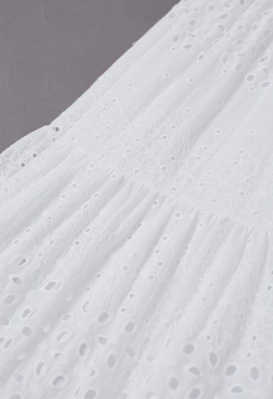 Floret Embroidered Eyelet Cotton Midi Skirt in White