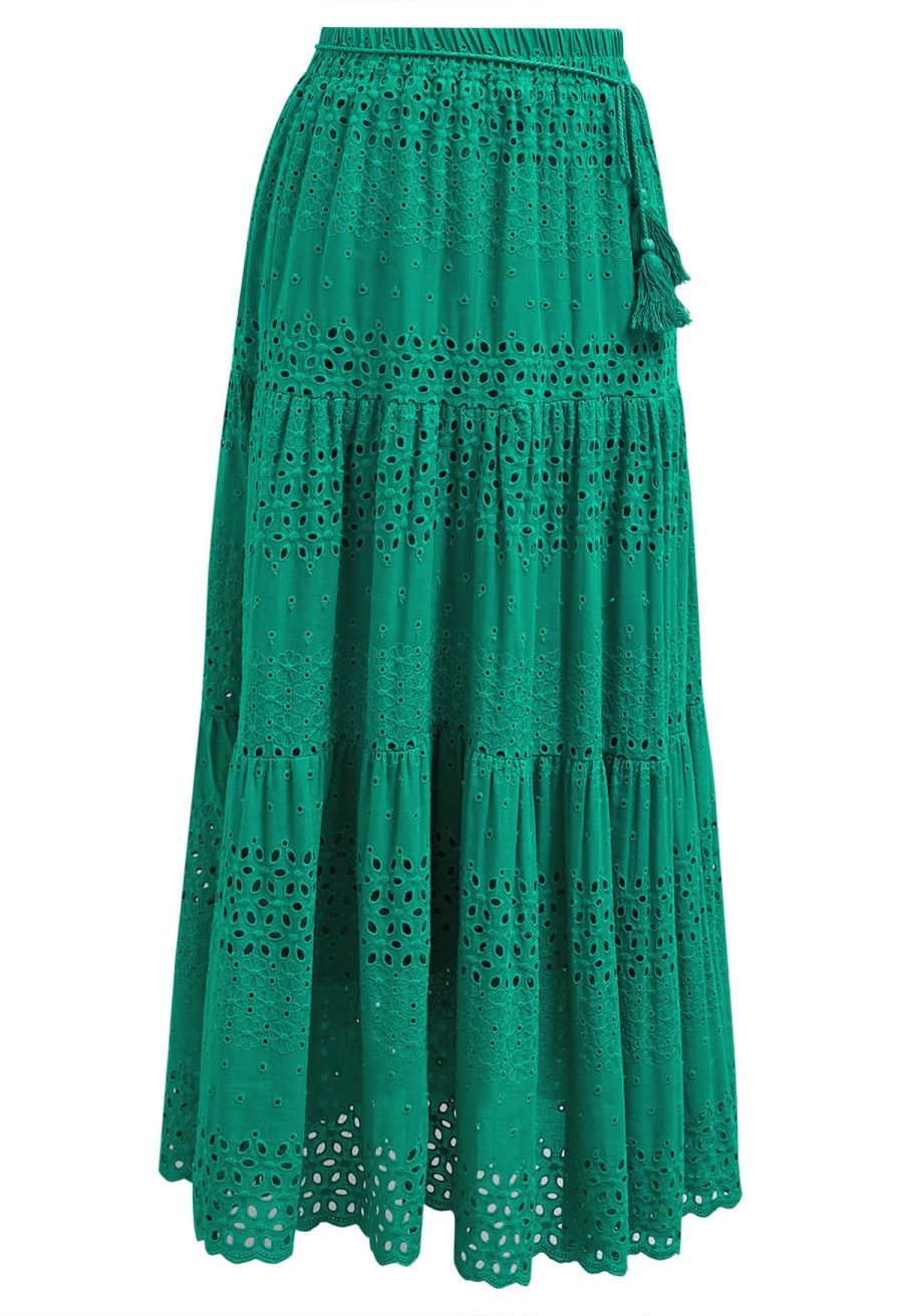 Floret Embroidered Eyelet Cotton Midi Skirt in Dark Green