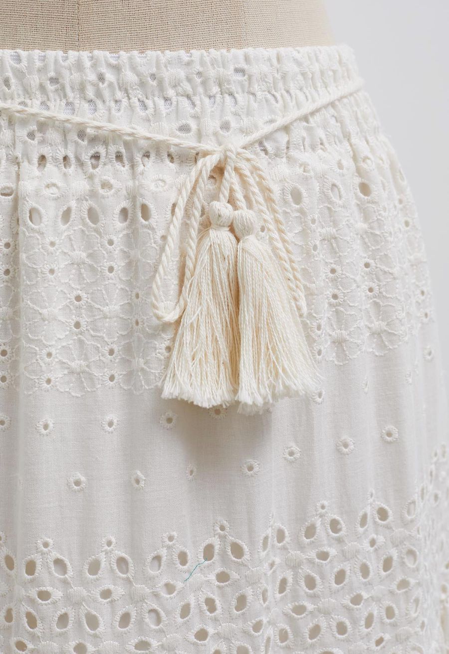 Floret Embroidered Eyelet Cotton Midi Skirt in Cream